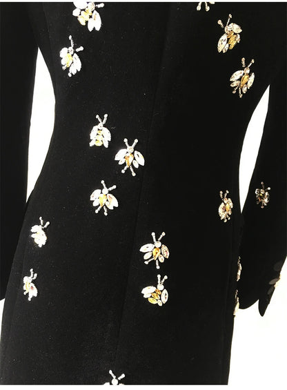 Long Sleeve Crystal Bee Velvet Blazer Black