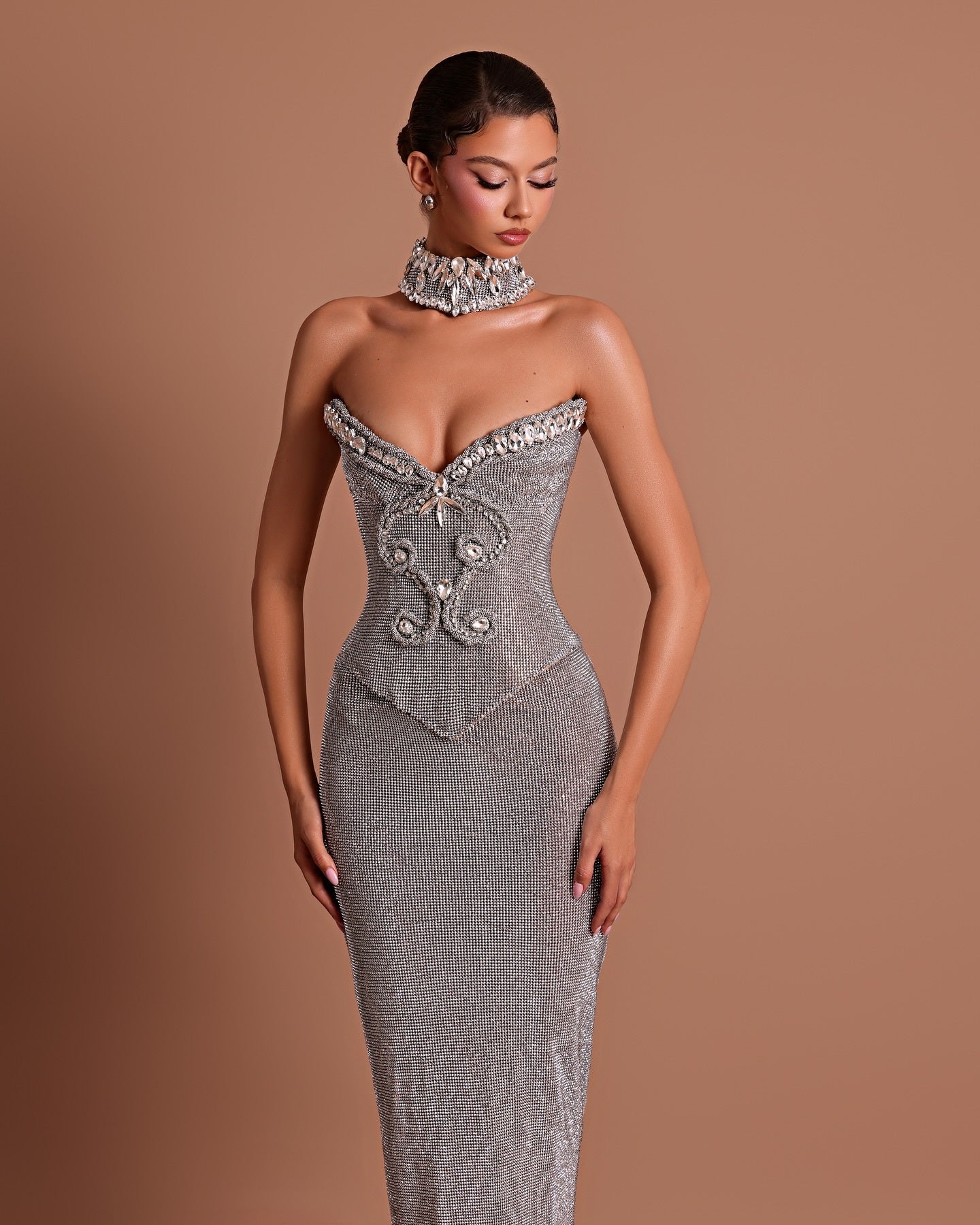 Strapless Crystal Choker Maxi Dress Silver HV2950