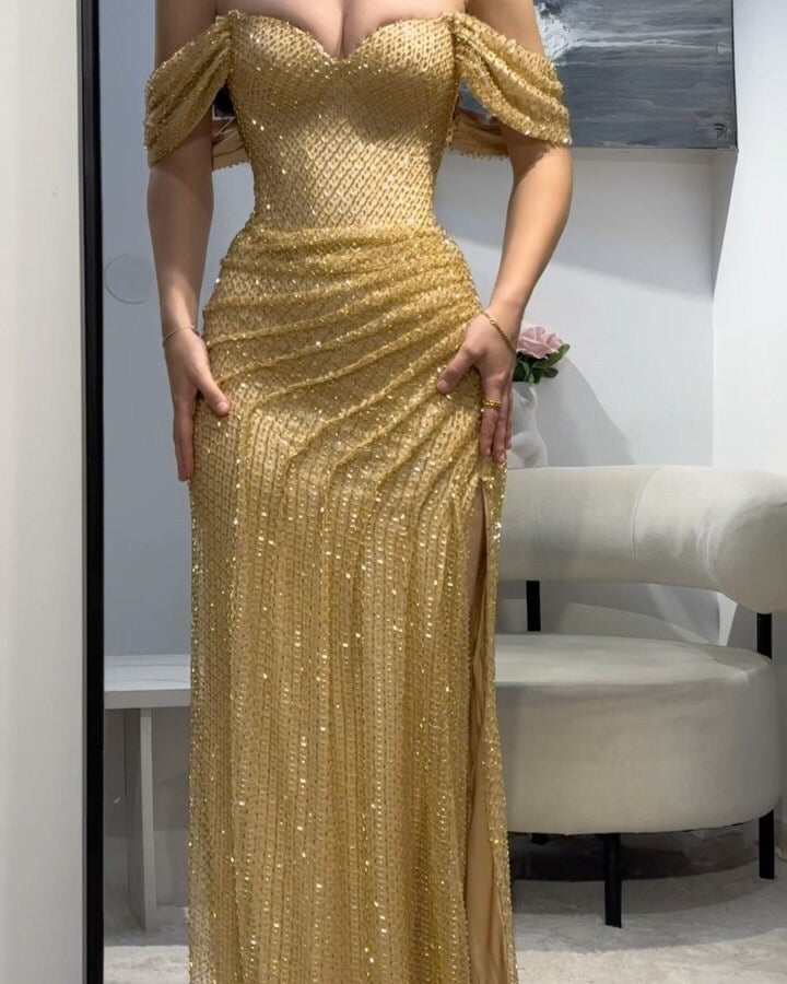 Sequin Bardot Maxi Dress Gold HV2905