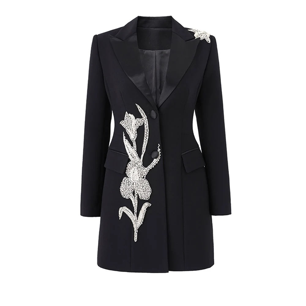 Long Sleeve Crystal Floral Blazer Black