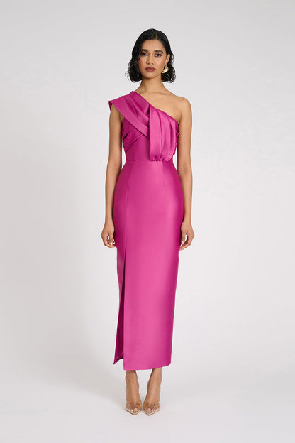 One Shoulder Draped Midi Dress Hot Pink HV3004
