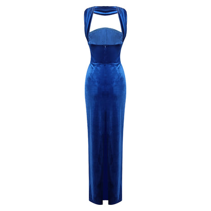 Halter Maxi Velvet Dress Blue HV2031