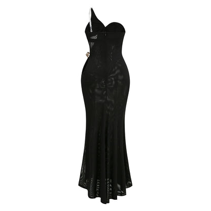 One Shoulder Draped Maxi Dress Black Gold HV2763
