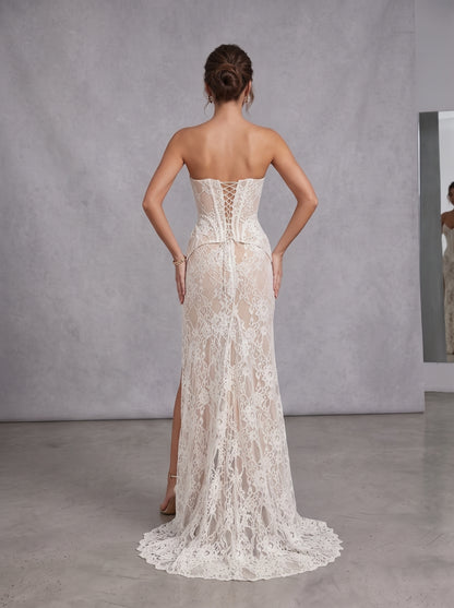 Strapless Lace Corset Two Piece Maxi Dress White HV3214
