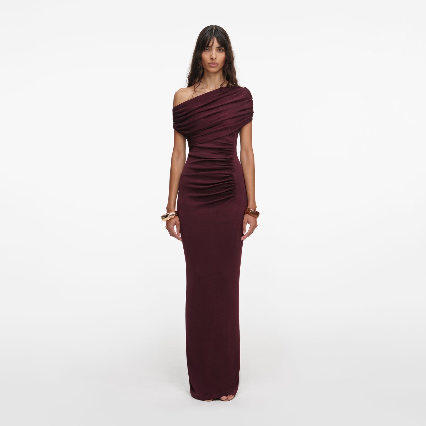 One Shoulder Bardot Draped Maxi Dress Burgundy HV2828