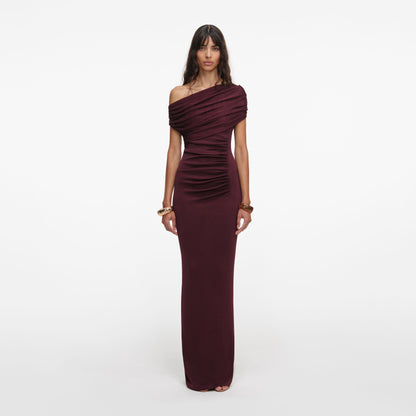 One Shoulder Bardot Draped Maxi Dress Burgundy HV2828