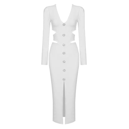 Long Sleeve Cut Out Midi Dress White HV8256