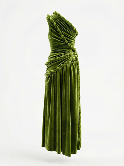 One Shoulder Maxi Velvet Dress Green HV2761