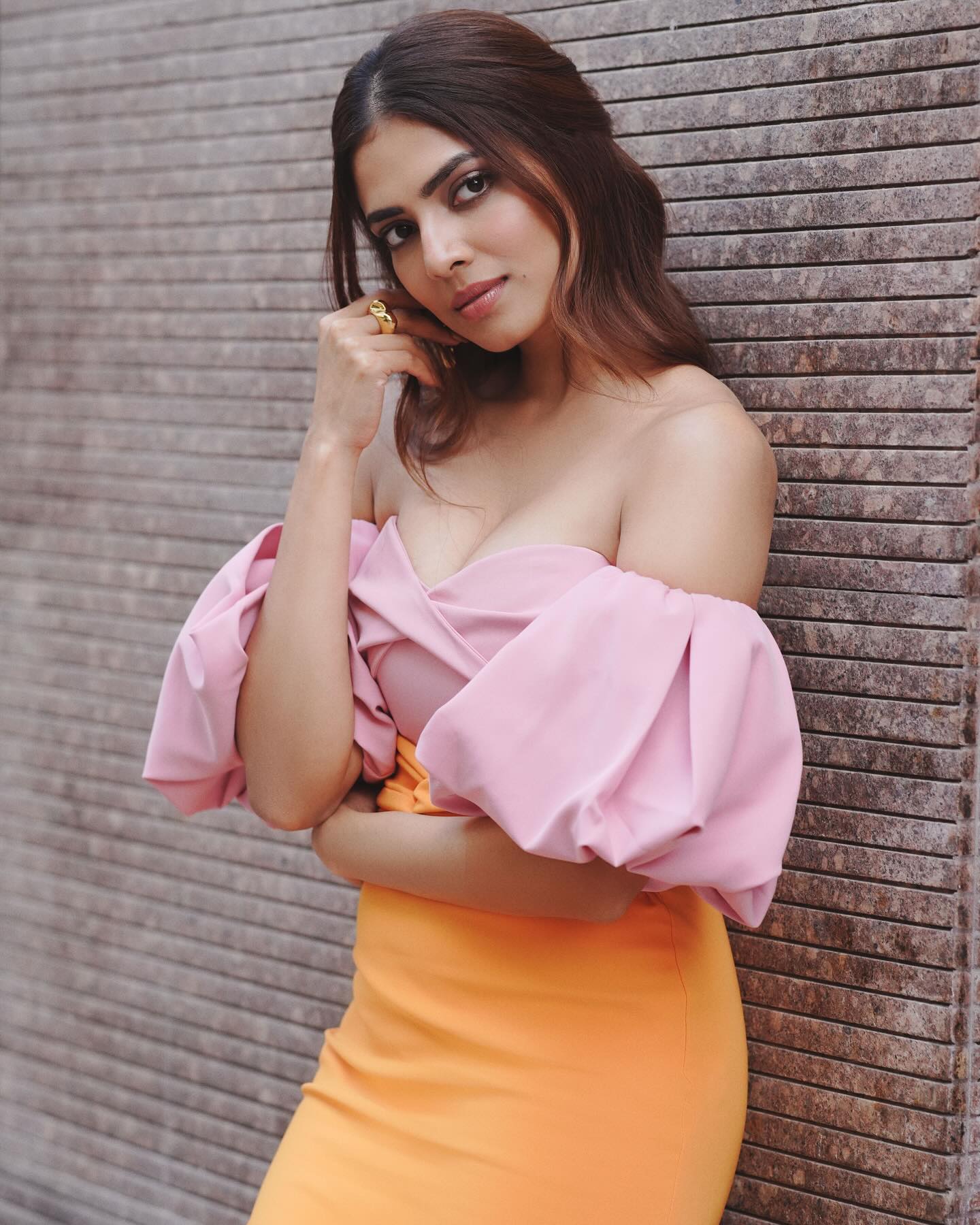 Puff Sleeve Bardot Midi Dress Pink Orange HV0002