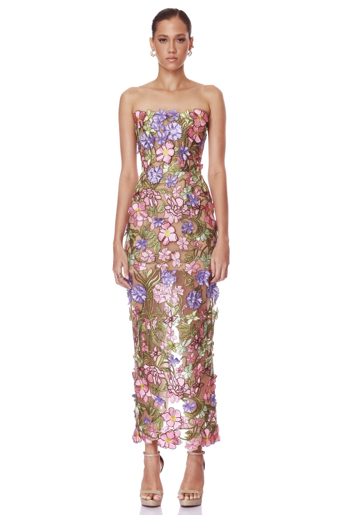 Strapless Floral Corset Maxi Dress Pink Green HV2883