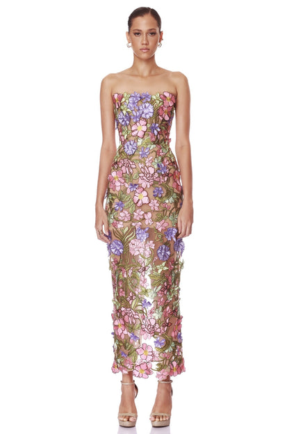 Strapless Floral Corset Maxi Dress Pink Green HV2883
