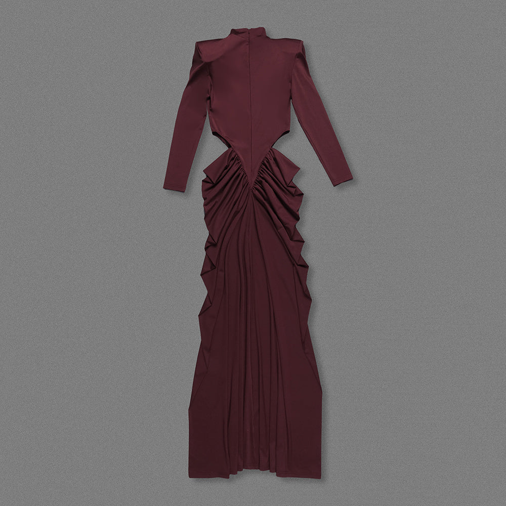 Long Sleeve Draped Cut Out Detail Maxi Dress Burgundy HV2675