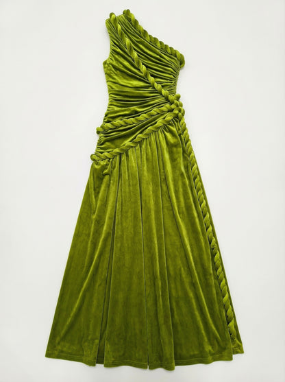 One Shoulder Maxi Velvet Dress Green HV2761
