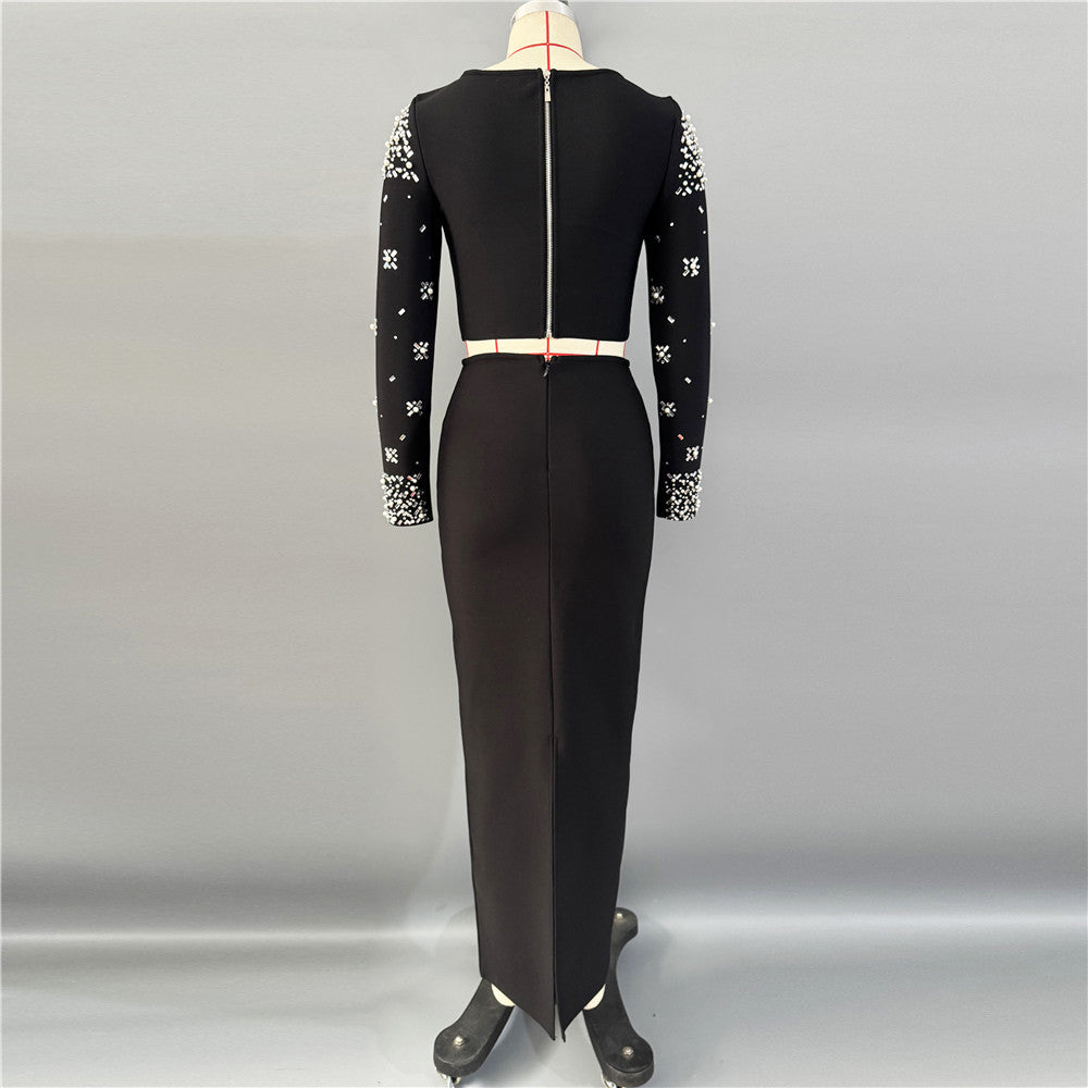 Long Sleeve Crystal Embellished Two Piece Maxi Dress HV3098