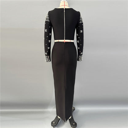 Long Sleeve Crystal Embellished Two Piece Maxi Dress HV3098