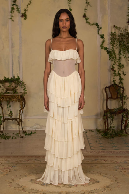 Corset Ruffle Maxi Dress Ivory HV2514