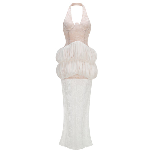 Halter Lace Bubble Maxi Dress White HV3249