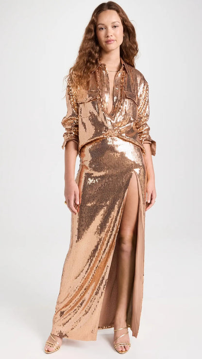 Long Sleeve Sequin Two Piece Midi Dress Gold HV9789