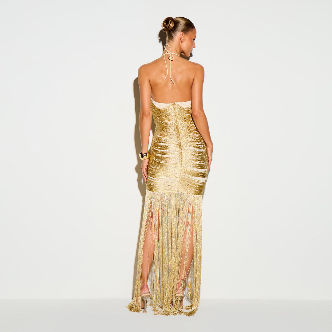 Halter Tassel Detail Maxi Dress Gold HV3109
