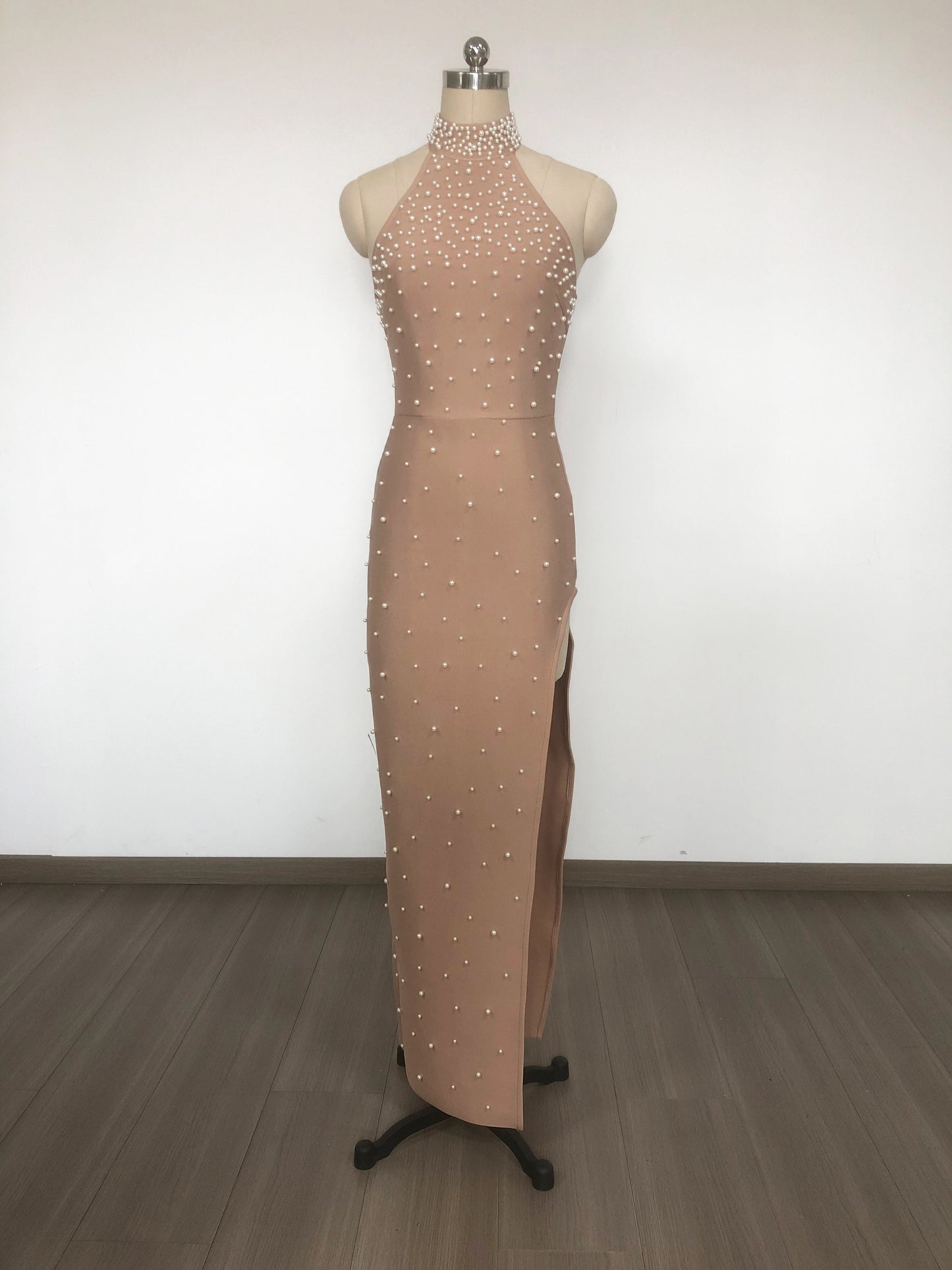 Halter Pearl Embellished Maxi Dress Nude HV2548