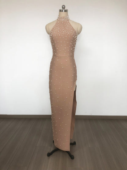 Halter Pearl Embellished Maxi Dress Nude HV2548