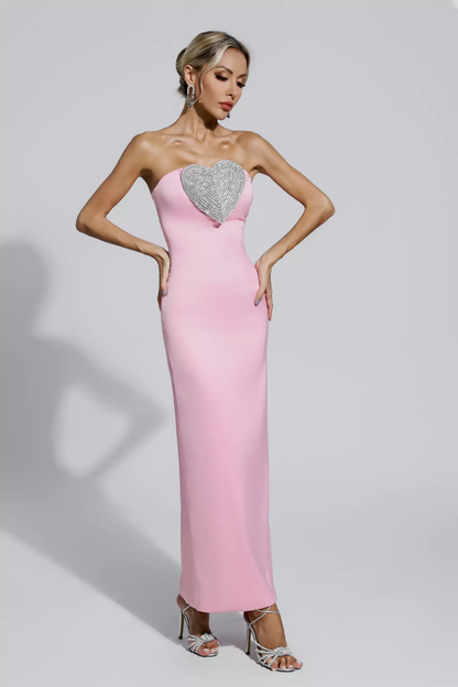 Crystal Heart Strapless Midi Dress Pink