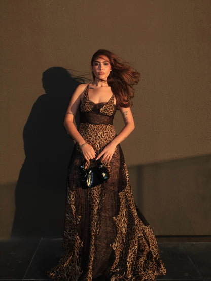 Animal Print Lace Insert Maxi Dress HV3144
