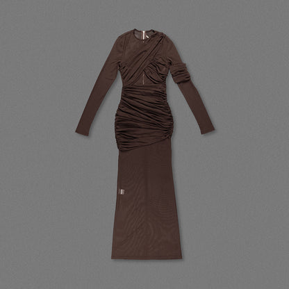 Long Sleeve Mesh Insert Draped Maxi Dress Brown HV1977