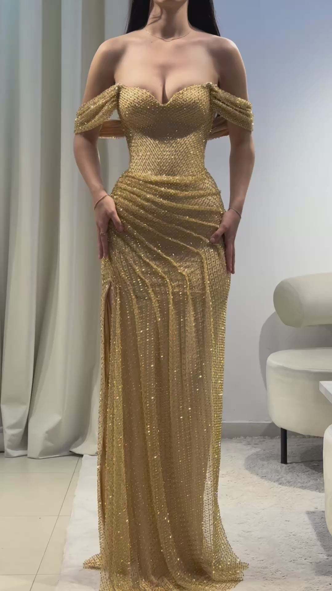 Sequin Bardot Maxi Dress Gold HV2905