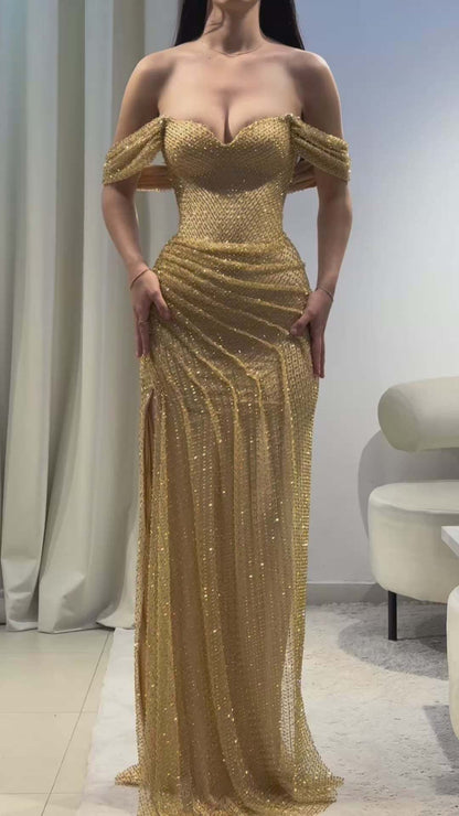 Sequin Bardot Maxi Dress Gold HV2905