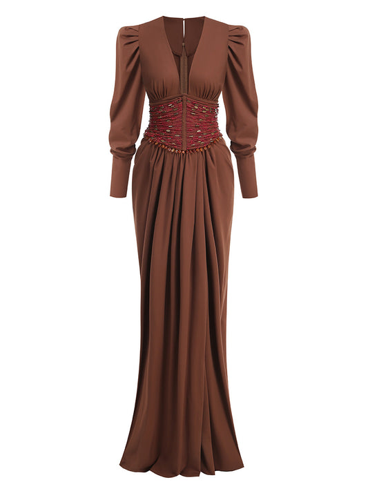 Long Sleeve Beaded Waist Maxi Dress Brown HV2888
