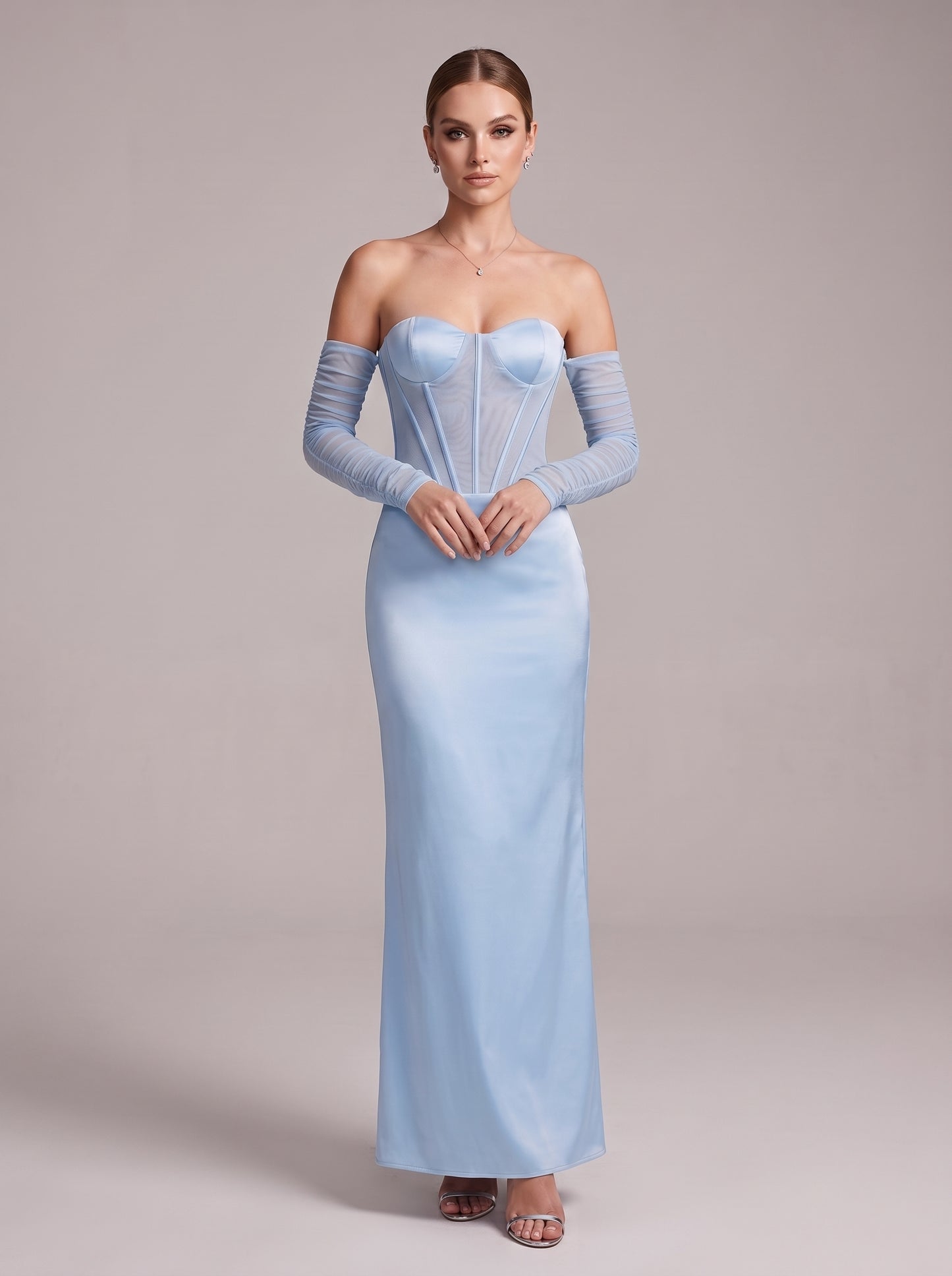 Long Sleeve Draped Mesh Bustier Maxi Dress Blue HV3179