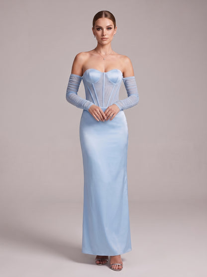Long Sleeve Draped Mesh Bustier Maxi Dress Blue HV3179