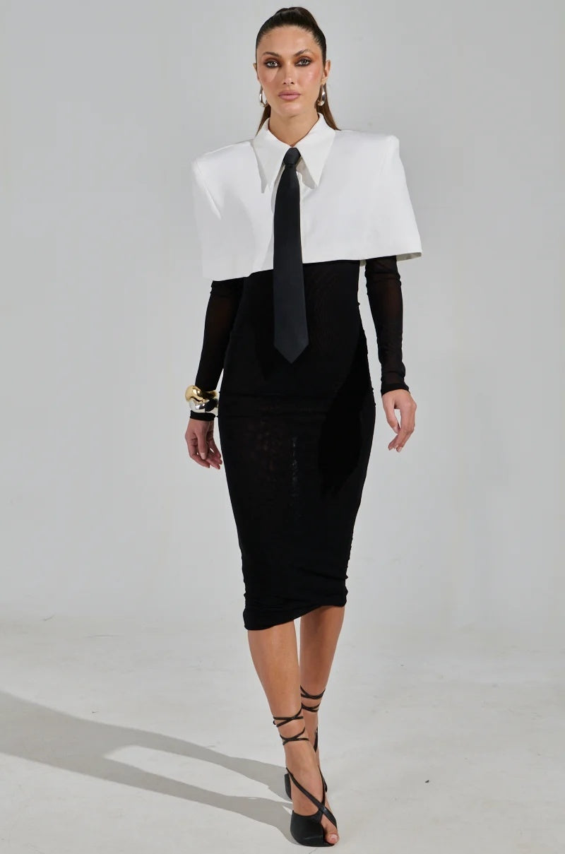 Long Sleeve Shirt Midi Dress Black White HV2453