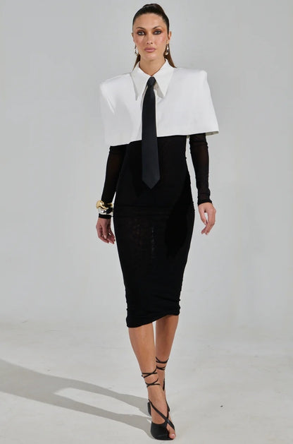 Long Sleeve Shirt Midi Dress Black White HV2453