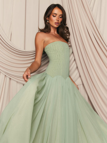 Strapless A Line Maxi Dress Green HV0086