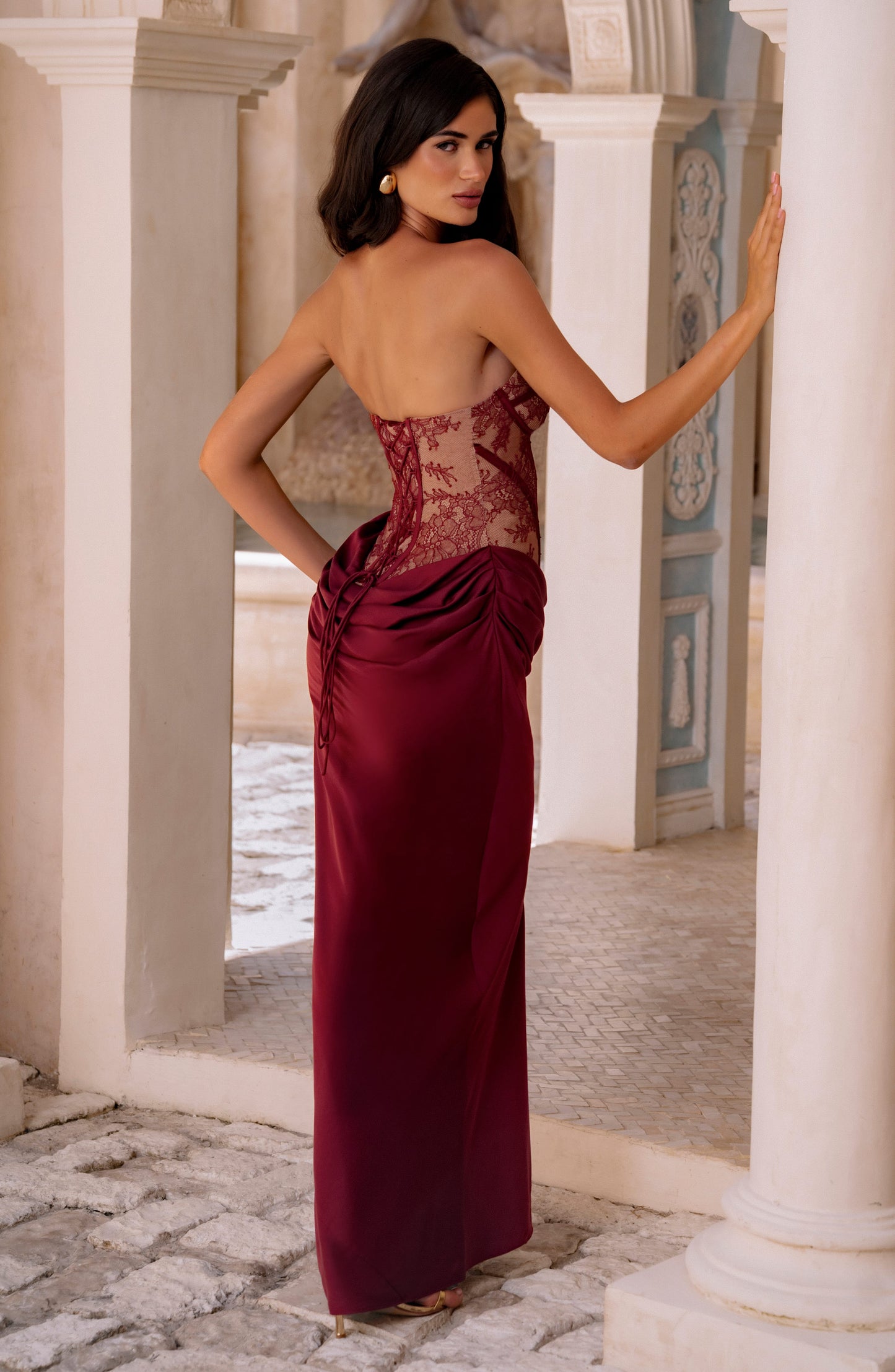 Strapless Lace Bustier Maxi Dress Burgundy HV3153
