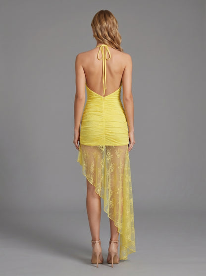 Halter Ruched Asymmetric Lace Maxi Dress HV3083