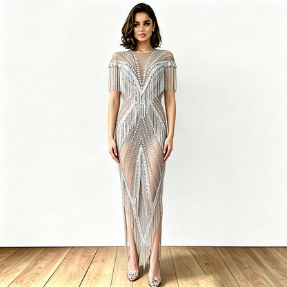 Crystal Tassel Mesh Maxi Dress HV3091