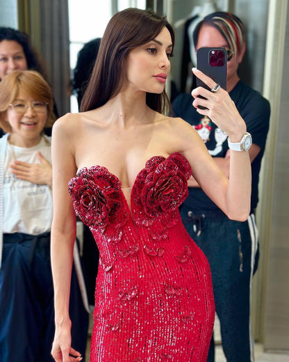 Strapless Flower Sequin Maxi Dress Red HV1007