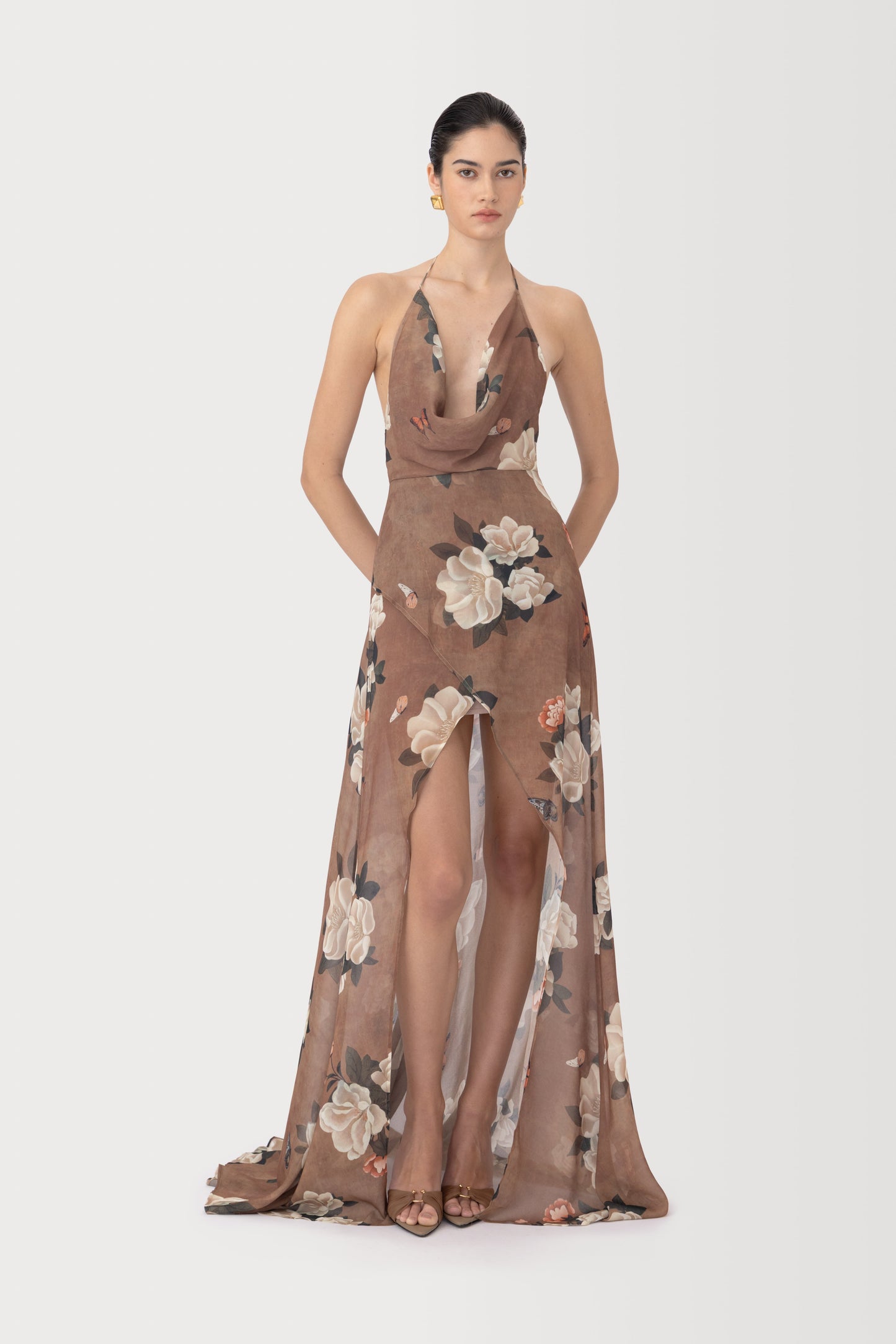 Halter Floral Maxi Dress Brown HV3086