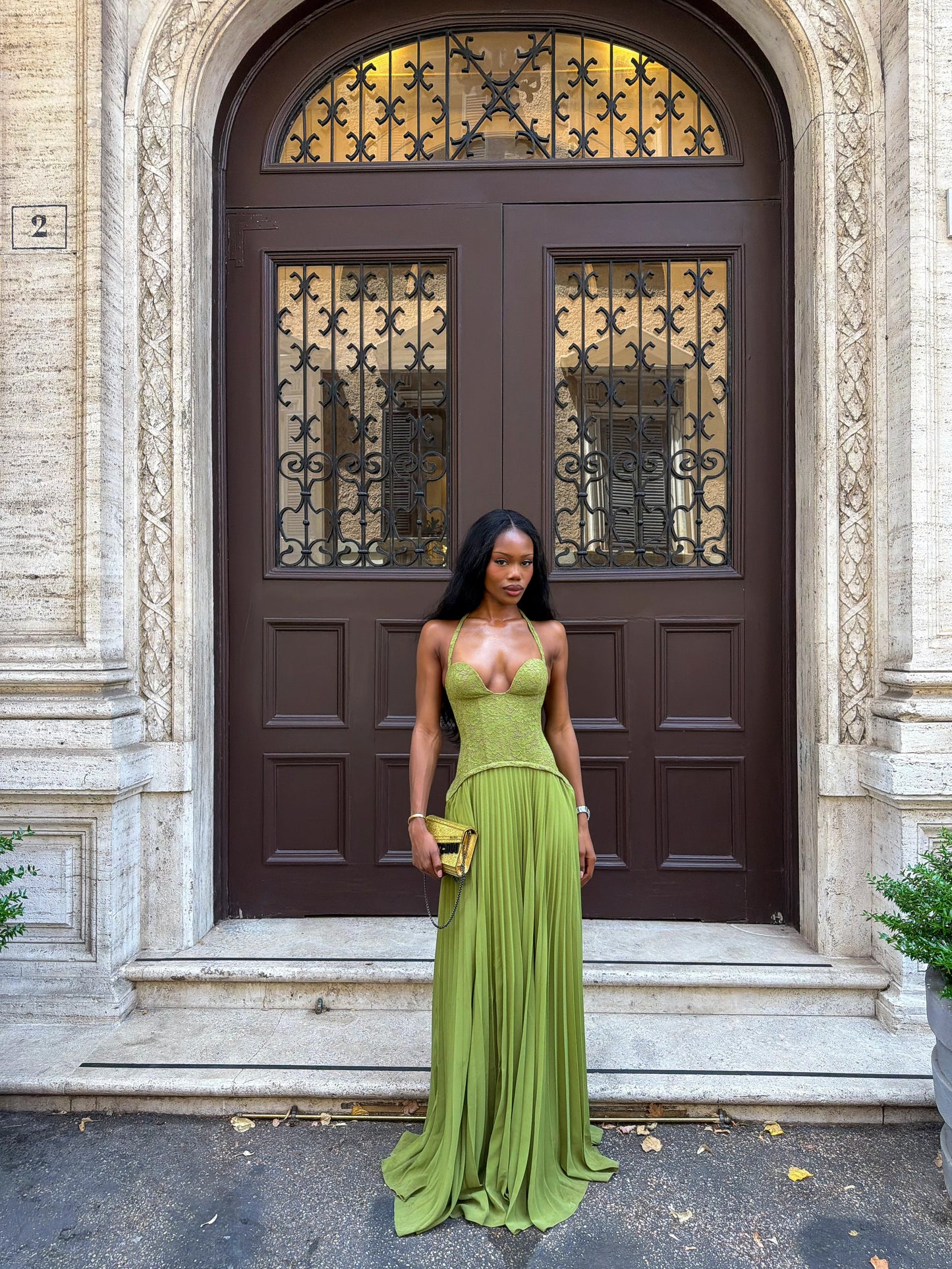 Halter Pleated Corset Maxi Dress Green HV0095