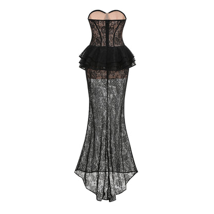 Strapless Lace Bustier Peplum Maxi Dress Black HV3131