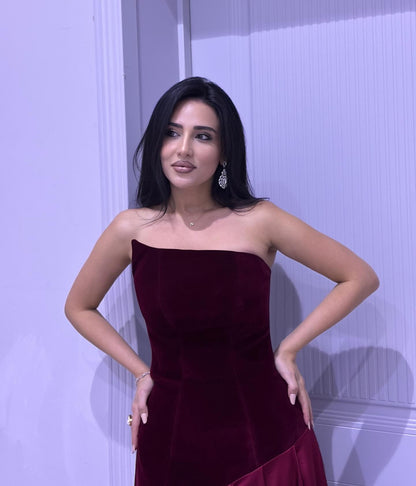 Strapless A Line Maxi Velvet Dress Burgundy HV3186
