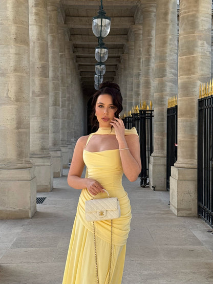Halter Draped Detail Corset A Line Maxi Dress Yellow HV2962