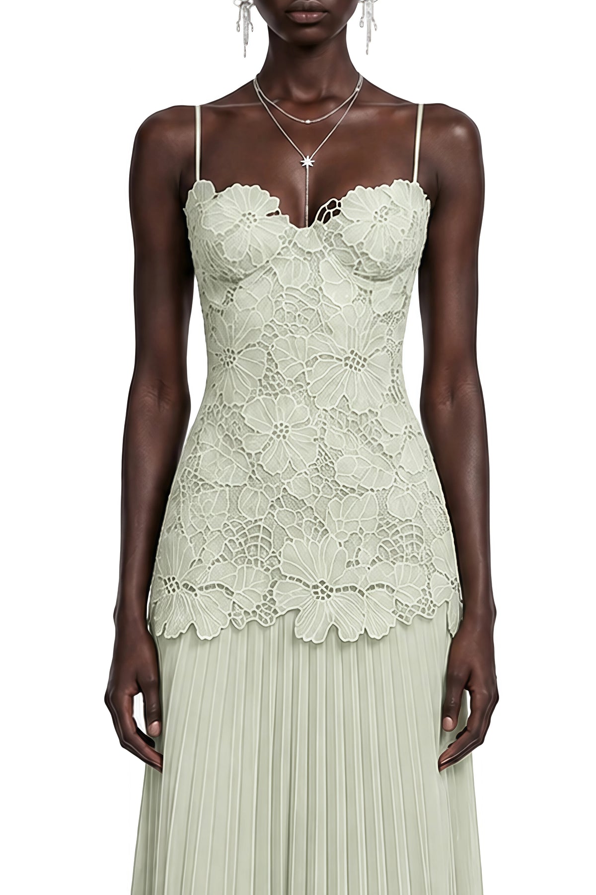 Lace Bustier Pleated A Line Maxi Dress Green HV3236