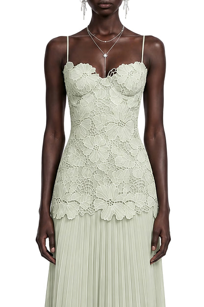 Lace Bustier Pleated A Line Maxi Dress Green HV3236