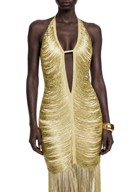 Halter Tassel Detail Maxi Dress Gold HV3109
