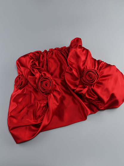 Strapless Floral Puff Detail Corset Maxi Dress Red