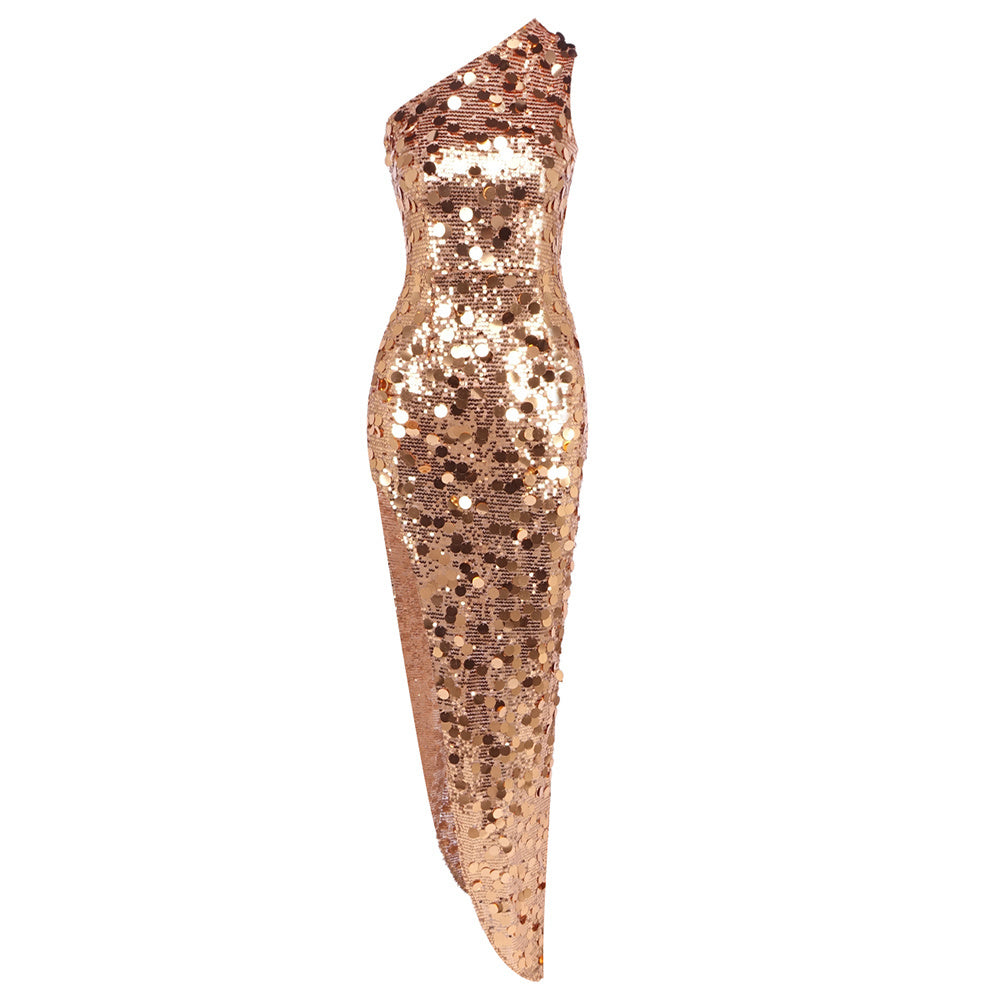 One Shoulder Asymmetric Sequin Maxi Dress Gold HV0033